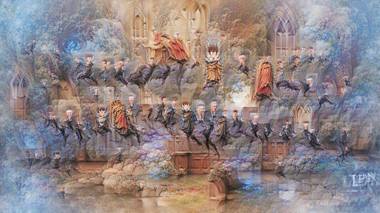 A gothic parliament-like hall with a bunch of whitehaired figures in business suits leaping high into the air, like one of those fun wedding photos. A gothic parliament-like hall with a bunch of whitehaired figures in business suits leaping high into the air, like one of those fun wedding photos.