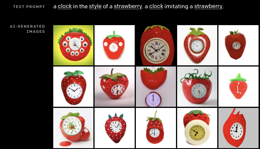 Prompt: a clock in the style of a strawberry. a clock imitating a strawberry. Images: All strawberry red with bright green tops, most of which have clock faces. The strawberries tend to have a cheerful plastic sheen. The clock faces tend to have extra hands and melting letters. Prompt: a clock in the style of a strawberry. a clock imitating a strawberry. Images: All strawberry red with bright green tops, most of which have clock faces. The strawberries tend to have a cheerful plastic sheen. The clock faces tend to have extra hands and melting letters.