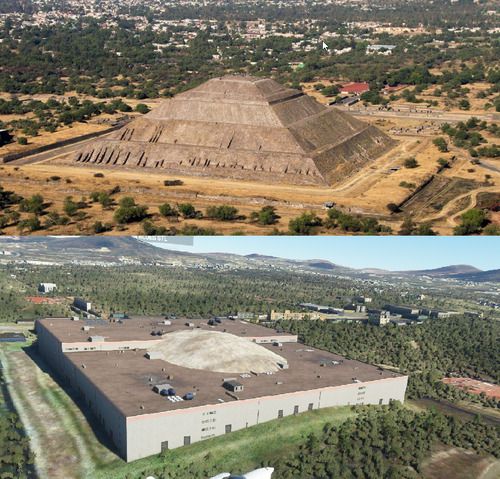 Top: The Pyramid of the Sun, an ancient stepped pyramid with a square base.
Bottom: The Fight Simulator version, now a square warehouse with a tiny weird dome on part of its roof. Top: The Pyramid of the Sun, an ancient stepped pyramid with a square base.
Bottom: The Fight Simulator version, now a square warehouse with a tiny weird dome on part of its roof.