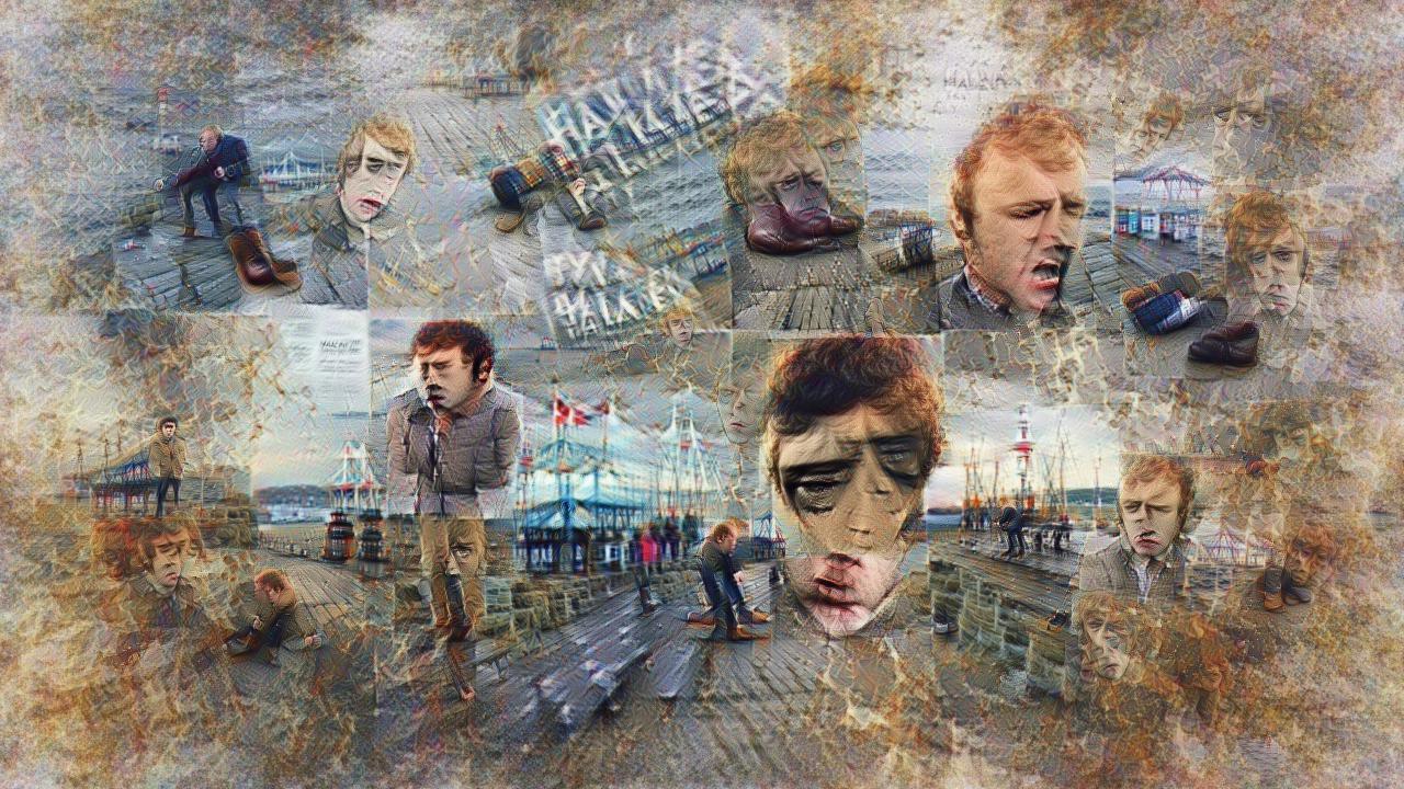 There are sad-looking people with red hair in 18th century muttonchops, looking down at a rain-soaked pier from various angles. Some pavillions, sea, and low green islands in the distance. There are sad-looking people with red hair in 18th century muttonchops, looking down at a rain-soaked pier from various angles. Some pavillions, sea, and low green islands in the distance.