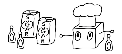 robot box is wearing a chef hat and surrounded by sugar and vanilla robot box is wearing a chef hat and surrounded by sugar and vanilla