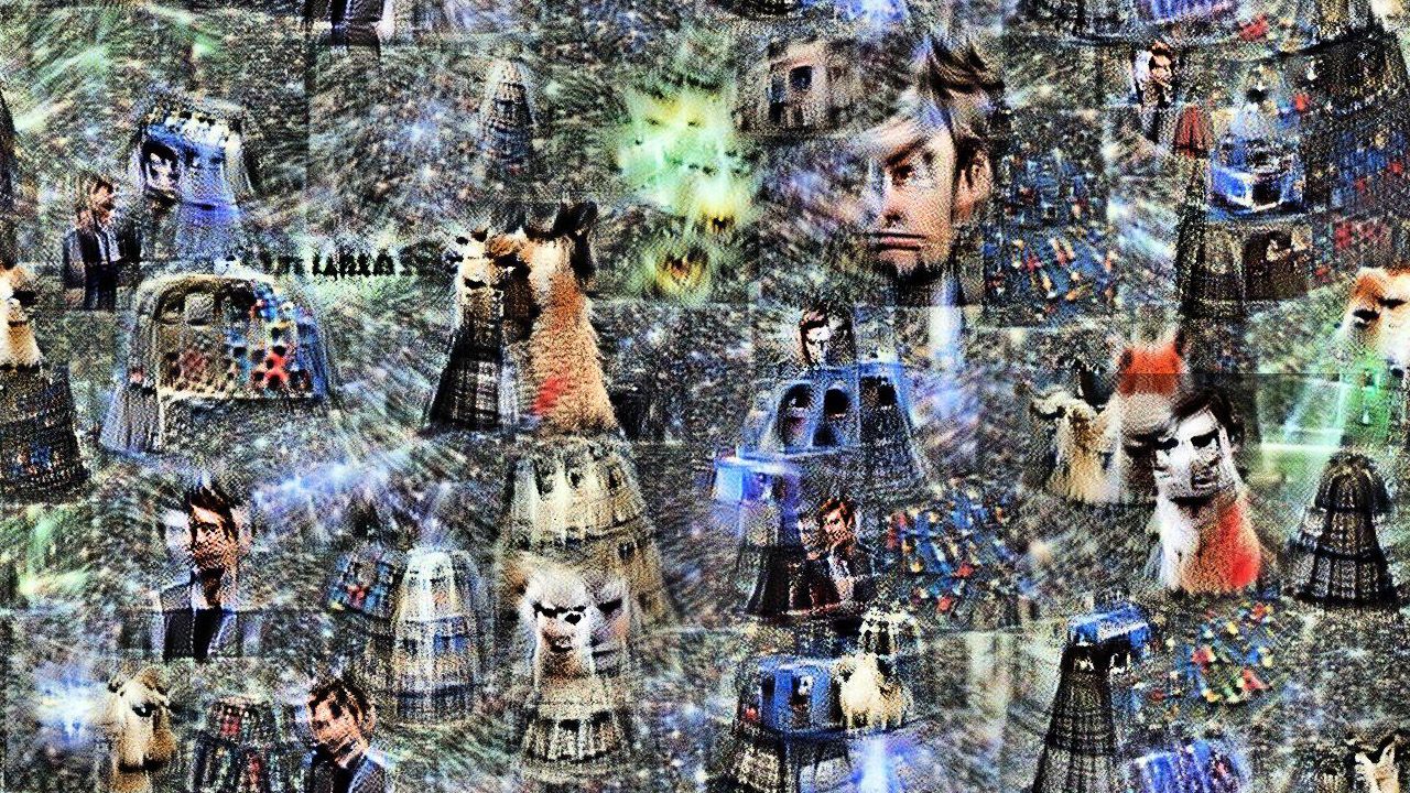 David tennant is clearly visible (at least the left half of his face) frowning. Daleks and tardises seem to merge into segmented blue cones. The llamas are kind of dalek-shaped furry blobs. There are EXCESSIVE numbers of lasers for some reason. David tennant is clearly visible (at least the left half of his face) frowning. Daleks and tardises seem to merge into segmented blue cones. The llamas are kind of dalek-shaped furry blobs. There are EXCESSIVE numbers of lasers for some reason.
