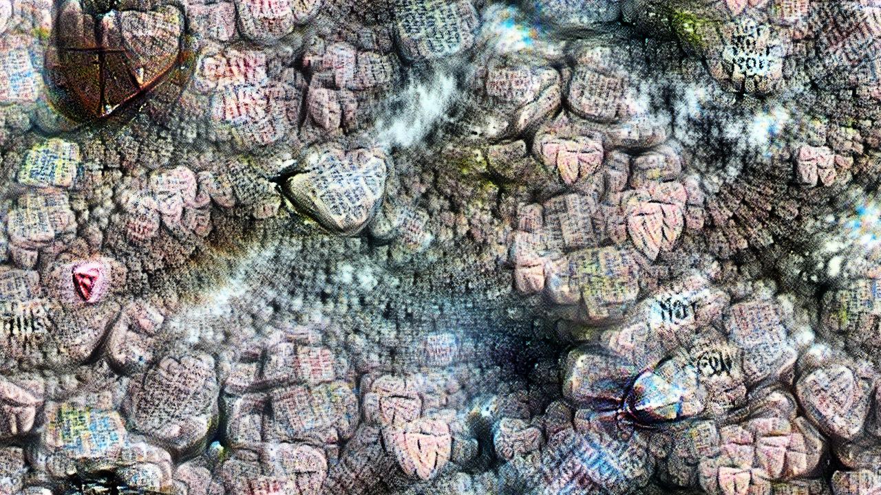 There are thousands of pastel-colored hearts, each illegible, pressed up against each other into a solid cavern that recedes into misty distance. There are thousands of pastel-colored hearts, each illegible, pressed up against each other into a solid cavern that recedes into misty distance.