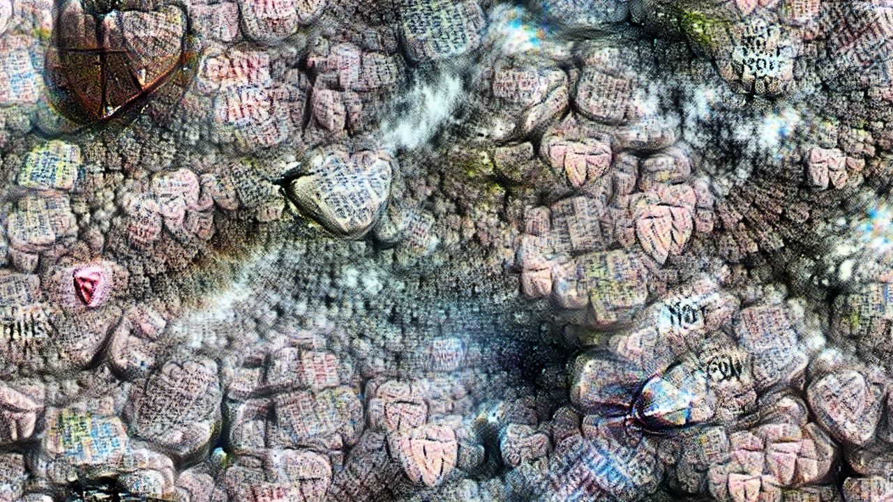 There are thousands of pastel-colored hearts, each illegible, pressed up against each other into a solid cavern that recedes into misty distance.