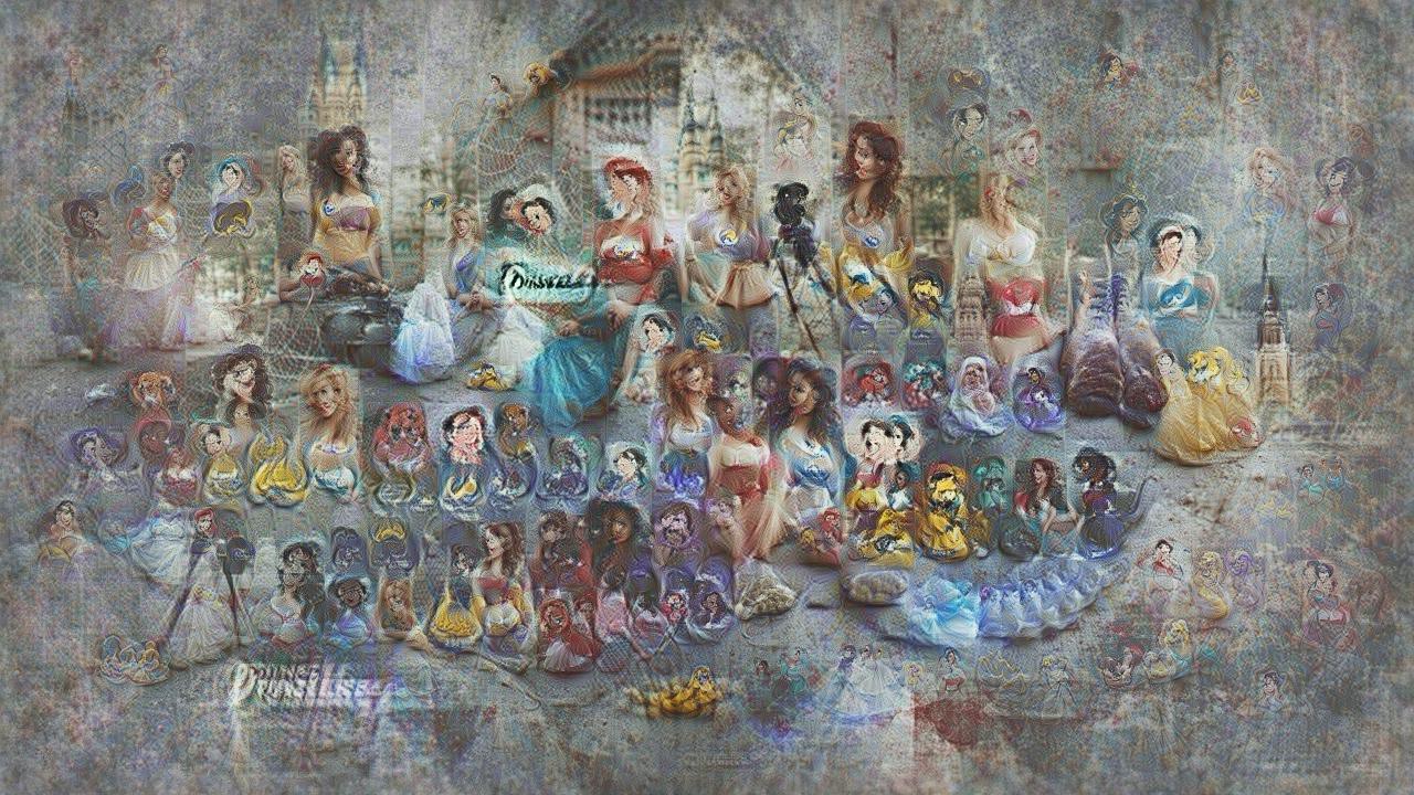 Rows of Disney princesses with weirdly emphasized bustlines, in front of pastel cottages and a blue-roofed castle. No individual character is identifiable, although they do have a Disney princess vibe to them. From a distance it's a crowd of princesses. Up close it's a crowd of nightmares. Rows of Disney princesses with weirdly emphasized bustlines, in front of pastel cottages and a blue-roofed castle. No individual character is identifiable, although they do have a Disney princess vibe to them. From a distance it's a crowd of princesses. Up close it's a crowd of nightmares.