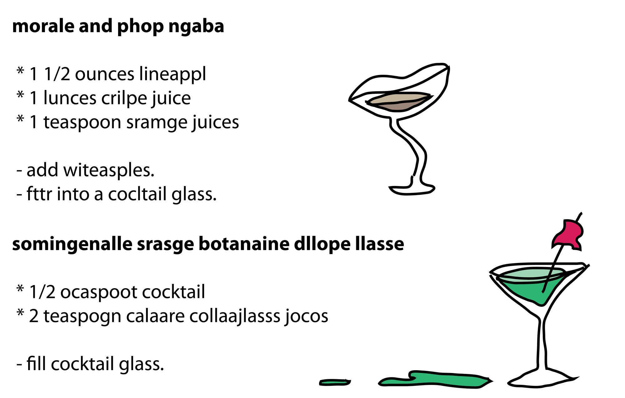 morale and phop ngaba   * 1 1/2 ounces lineappl  * 1 lunces crilpe juice  * 1 teaspoon sramge juices   - add witeasples.  - fttr into a cocltail glass.   somingenalle srasge botanaine dllope llasse   * 1/2 ocaspoot cocktail  * 2 teaspogn calaare collaajlasss jocos   - fill cocktail glass.