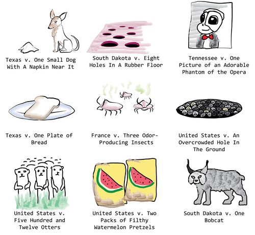 Texas v. One Small Dog With A Napkin Near It
South Dakota v. Eight Holes In A Rubber Floor
Tennessee v. One Picture of an Adorable Phantom of the Opera
Texas v. One Plate of Bread
France v. Three Odor-Producing Insects
United States v. An Overcrowded Hole In The Ground
United States v. Five Hundred and Twelve Otters
United States v. Two Packs of Filthy Watermelon Pretzels
South Dakota v. One Bobcat