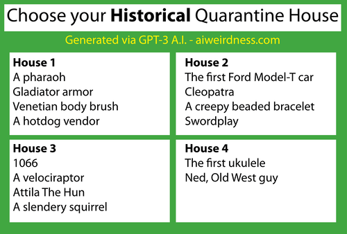 Theme: Historical
House 1:
A pharaoh
Gladiator armor
Venetian body brush
A hotdog vendor
House 2:
The first Ford Model-T car
Cleopatra
A creepy beaded bracelet
Swordplay
House 3:
1066
A velociraptor
Attila The Hun
A slendery squirrel
House 4:
The first ukulele
Ned, Old West guy
Theme: Historical
House 1:
A pharaoh
Gladiator armor
Venetian body brush
A hotdog vendor
House 2:
The first Ford Model-T car
Cleopatra
A creepy beaded bracelet
Swordplay
House 3:
1066
A velociraptor
Attila The Hun
A slendery squirrel
House 4:
The first ukulele
Ned, Old West guy