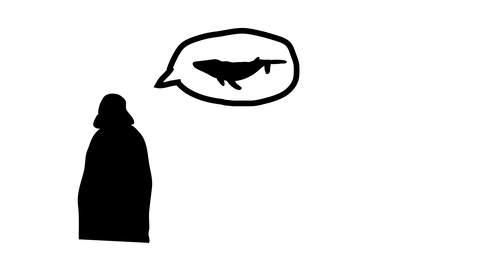 Silhouette of darth vader, seen from behind. Cartoon speech bubble from Vader has a whale in it. Silhouette of darth vader, seen from behind. Cartoon speech bubble from Vader has a whale in it.