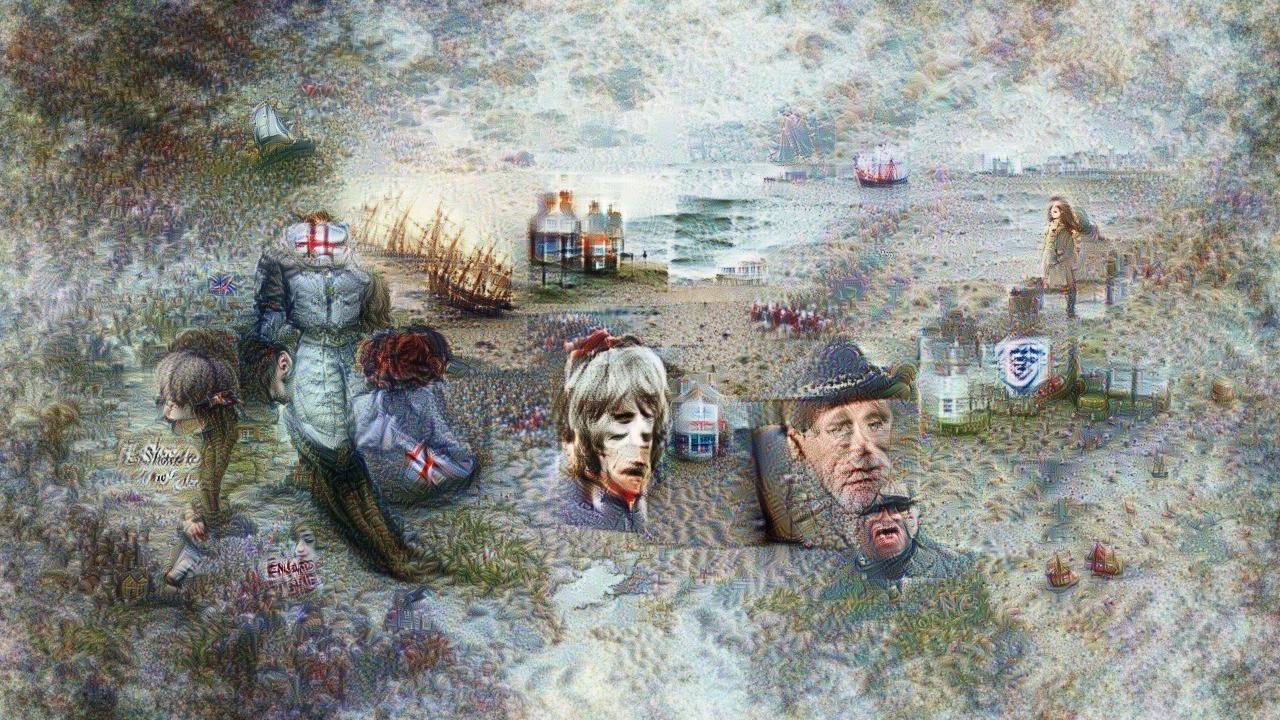 The image slides smoothly between seashore full of old tall ships, steep-roofed cottages overlooking the seashore, rolling waves, ships on rolling waves, more cottages, lots of wistful looking human figures (which have weirdly duplicated faces), all in a confusing collage whose perspective almost but not quite makes sense. The image slides smoothly between seashore full of old tall ships, steep-roofed cottages overlooking the seashore, rolling waves, ships on rolling waves, more cottages, lots of wistful looking human figures (which have weirdly duplicated faces), all in a confusing collage whose perspective almost but not quite makes sense.