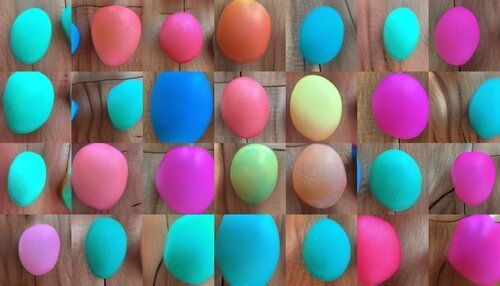 A grid of easter eggs - they are colorful and vaguely egg-shaped, but their proportions are a little bit off, and their edges are a bit wobbly. A grid of easter eggs - they are colorful and vaguely egg-shaped, but their proportions are a little bit off, and their edges are a bit wobbly.