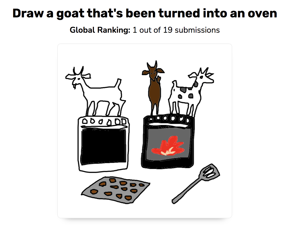 Draw a goat that's been turned into an oven. Global ranking: 1 out of 19 submissions. Sketch is of three goats standing on two ovens, a cookie sheet and a spatula nearby. Draw a goat that's been turned into an oven. Global ranking: 1 out of 19 submissions. Sketch is of three goats standing on two ovens, a cookie sheet and a spatula nearby.