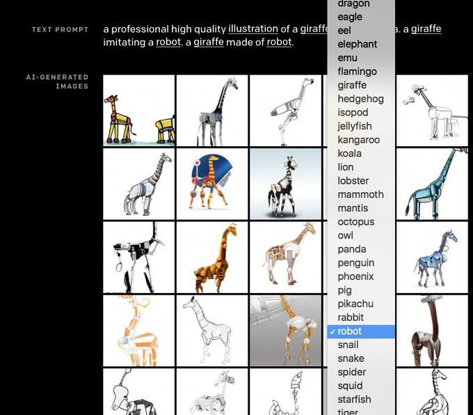 Text prompt is "A professional high quality illustration of a giraffe imitating a robot, a giraffe made of robot."There are a bunch of surprisingly competent robot giraffes - segmented, metallic, giraffe-shaped.Other options for "robot" include isopod, eel, pikachu, octopus, etc. Text prompt is "A professional high quality illustration of a giraffe imitating a robot, a giraffe made of robot."There are a bunch of surprisingly competent robot giraffes - segmented, metallic, giraffe-shaped.Other options for "robot" include isopod, eel, pikachu, octopus, etc.