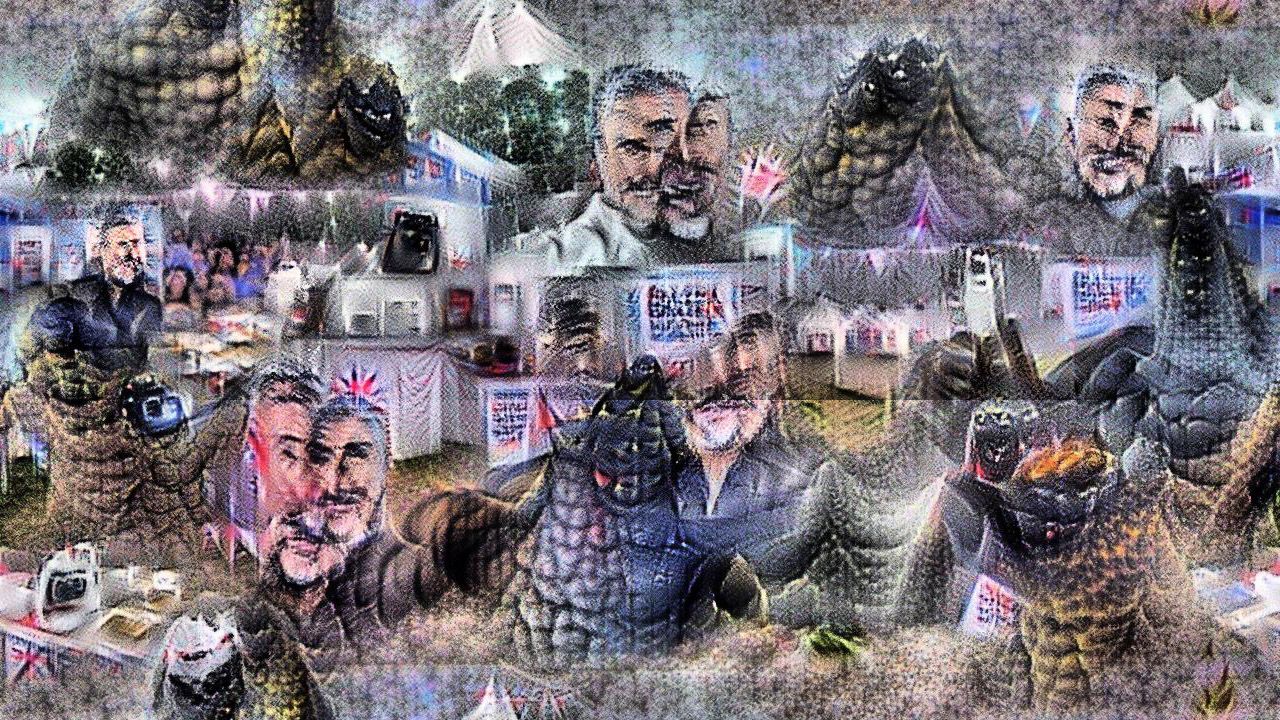 Now Godzilla and Paul Hollywood are seen mostly from torso up. Paul Hollywood's face is in several pieces and godilla doesn't really have a face, more of a hulking presence. Also everything has a dewy glow like a 1990s mall photo. Now Godzilla and Paul Hollywood are seen mostly from torso up. Paul Hollywood's face is in several pieces and godilla doesn't really have a face, more of a hulking presence. Also everything has a dewy glow like a 1990s mall photo.