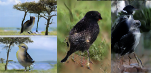 Left: two birds standing near trees. the birds are giraffe-sized.

Center: bird has four giraffe legs and also the faint outline of a giraffe body superimposed over it

Right: Bird (or possibly two birds) with lots of legs 