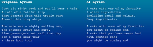 Original lyrics Just sit right back and you'll hear a tale, A tale of a fateful trip That started from this tropic port Aboard this tiny ship.  The mate was a mighty sailing man, The skipper brave and sure. Five passengers set sail that day For a three hour tour, a three hour tour.  AI lyrics A cake with one of my favorite Italian ingredients Including basil and walnut. Easy ingredients. A cake with some of my favorite. You might be coming and. A cake that you have never had With another cake  you might be coming and.