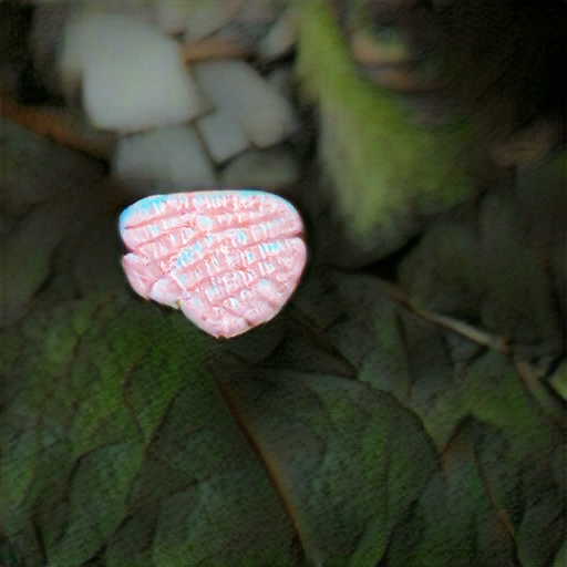 A pink candy on a leafy green background. There are several lines of closely-spaced illegible white text on the candy.
