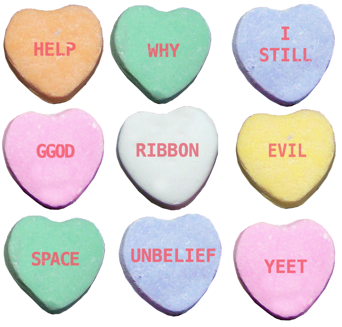 Candy hearts with the short messages from above, HELP, WHY, etc Candy hearts with the short messages from above, HELP, WHY, etc