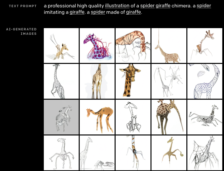 Prompt: "A professional high quality illustration of a spider giraffe chimera. A spider imitating a giraffe. A spider made of giraffe. Result: giraffe spiders are mostly head and body of a giraffe with a tangle of angular legs. sometimes the legs also emerge from the giraffe's head Prompt: "A professional high quality illustration of a spider giraffe chimera. A spider imitating a giraffe. A spider made of giraffe. Result: giraffe spiders are mostly head and body of a giraffe with a tangle of angular legs. sometimes the legs also emerge from the giraffe's head