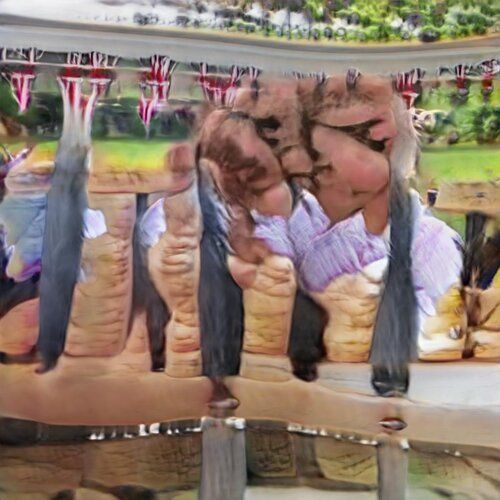 Image is recognizable as the bakeoff tent chiefly by the union jack bunting and the green countryside outside. The human is a wide, lumpy mess. There is an excessive amount of breadlike stuff everywhere.