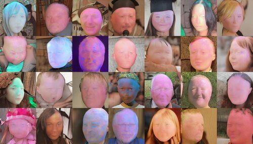 Grid of recognizably human faces, but their features are becoming indistinct and their foreheads have expanded. Most have taken on an orange, blue, or magenta cast. Grid of recognizably human faces, but their features are becoming indistinct and their foreheads have expanded. Most have taken on an orange, blue, or magenta cast.
