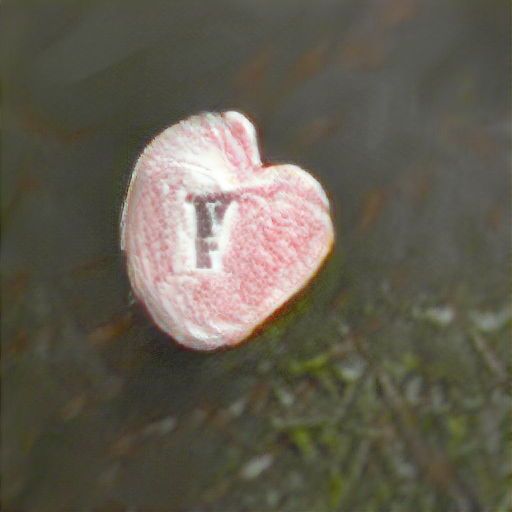 The candy looks sugar-frosted and almost heart-shaped. Printed on the candy is a single black letter that looks like an f with a fishhook top.