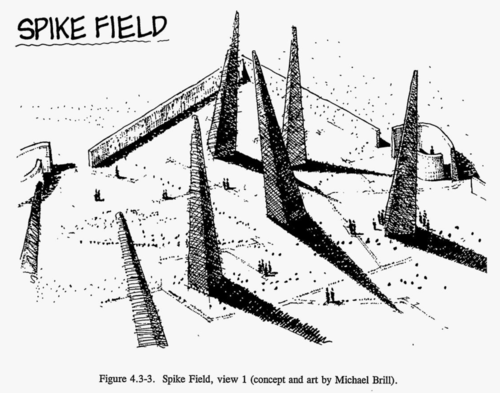 An ink drawing of a landscape with pyramidal spikes jutting about 20 meters from the ground. People are wandering around the landscape looking at the spikes. (concept and art by Michael Brill)