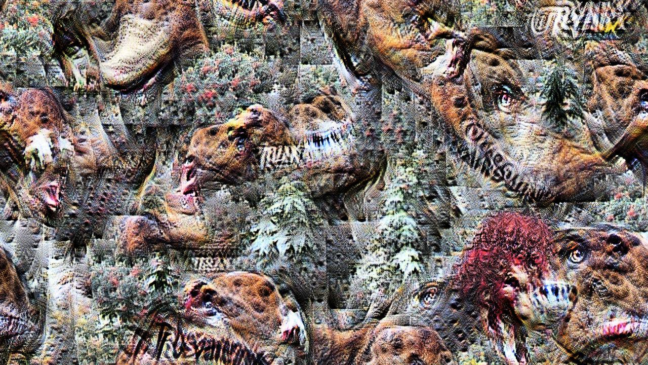 There are some brown shapes that might be tyrannosaurus heads, definitely far too many baleful eyes, and maybe some foliage. Not sure what the swaths of lumpy red are. There's illegible writing everywhere. There are some brown shapes that might be tyrannosaurus heads, definitely far too many baleful eyes, and maybe some foliage. Not sure what the swaths of lumpy red are. There's illegible writing everywhere.