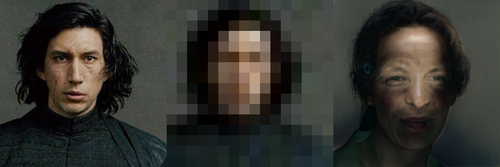 Left: Kylo Ren from the shoulders up. Center: highly pixelated (16x16) version of the previous image. Right: Where Kylo’s cheekbones were, there’s now voldemort-like eyes. Where his chin was, is now the upper lip of someone whose lower face is lost in shadow. Left: Kylo Ren from the shoulders up. Center: highly pixelated (16x16) version of the previous image. Right: Where Kylo’s cheekbones were, there’s now voldemort-like eyes. Where his chin was, is now the upper lip of someone whose lower face is lost in shadow.