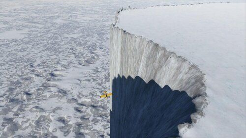 A tiny plane is dwarfed beside a curving wall of sheer-sided ice, ringed by ice spikes, and topped with a flat frozen lake
