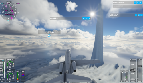 Flight Simulator screenshot showing a plane flying at around 15,500 feet, over a strangely scalloped icy landscape. Rising out of the ice is an impossibly pointy mountain that's at least 20,000 feet tall.
Flight Simulator screenshot showing a plane flying at around 15,500 feet, over a strangely scalloped icy landscape. Rising out of the ice is an impossibly pointy mountain that's at least 20,000 feet tall.