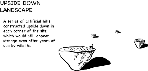 Illustration of Upside Down Landscape: four upside down hills on a vast empty landscape. There’s a deer standing on one of them.