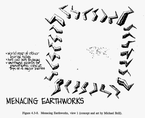 Menacing Earthworks are large mounds of lighting bolt-shaped dirt surrounding an empty square area. A map of the world is barely visible at the center. (concept and art by Michael Brill) Menacing Earthworks are large mounds of lighting bolt-shaped dirt surrounding an empty square area. A map of the world is barely visible at the center. (concept and art by Michael Brill)