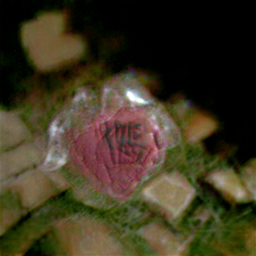 A red lumpy candy partially wrapped in cellophane. There's black lettering on it, but it's illegible. More than anything it looks like it says "this test". Very ominous overall.