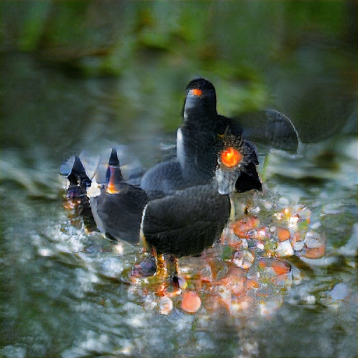 Very pretty and glowy, a few bird-shaped objects with glowing beaks and black pointy hats, standing among maybe jewels in a forest glade. Very pretty and glowy, a few bird-shaped objects with glowing beaks and black pointy hats, standing among maybe jewels in a forest glade.