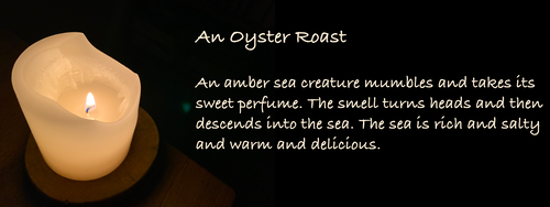 An Oyster Roast
An amber sea creature mumbles and takes its sweet perfume. The smell turns heads and then descends into the sea. The sea is rich and salty and warm and delicious. An Oyster Roast
An amber sea creature mumbles and takes its sweet perfume. The smell turns heads and then descends into the sea. The sea is rich and salty and warm and delicious.