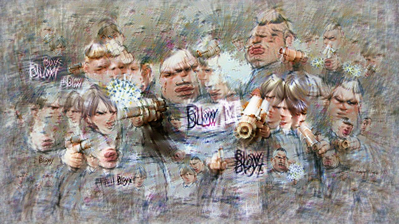 The Bully Boys are all scowling, and some appear to be pursing their lips to blow. They have the classic Draco Malfoy blond haircuts. Scattered throughout the image are little puffs of air, and mostly illegible writing saying BLOW
