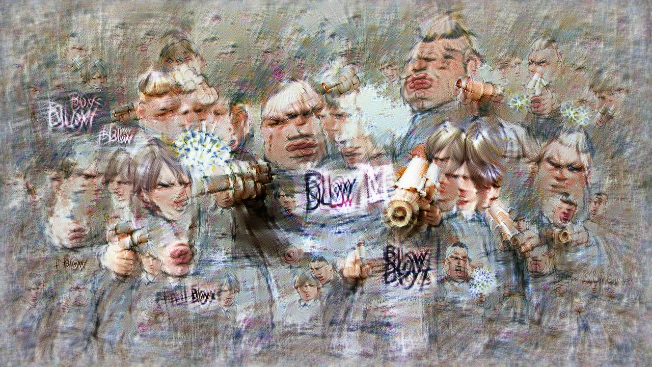 The Bully Boys are all scowling, and some appear to be pursing their lips to blow. They have the classic Draco Malfoy blond haircuts. Scattered throughout the image are little puffs of air, and mostly illegible writing saying BLOW The Bully Boys are all scowling, and some appear to be pursing their lips to blow. They have the classic Draco Malfoy blond haircuts. Scattered throughout the image are little puffs of air, and mostly illegible writing saying BLOW