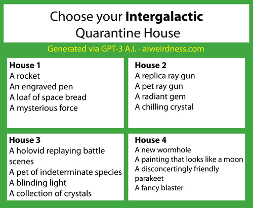 Choose Your Intergalactic Quarantine House:
House 1:
A rocket
An engraved pen
A loaf of space bread
A mysterious force
House 2:
A replica ray gun
A pet ray gun
A radiant gem
A chilling crystal
House 3:
A holovid replaying battle scenes
A pet of indeterminate species
A blinding light
A collection of crystals
House 4:
A new wormhole
A painting that looks like a moon
A disconcertingly friendly parakeet
A fancy blaster Choose Your Intergalactic Quarantine House:
House 1:
A rocket
An engraved pen
A loaf of space bread
A mysterious force
House 2:
A replica ray gun
A pet ray gun
A radiant gem
A chilling crystal
House 3:
A holovid replaying battle scenes
A pet of indeterminate species
A blinding light
A collection of crystals
House 4:
A new wormhole
A painting that looks like a moon
A disconcertingly friendly parakeet
A fancy blaster