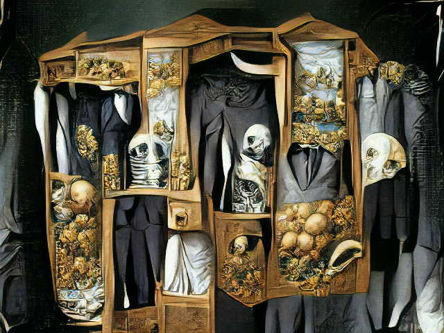 A wooden cabinet filled with tuxedos and skulls.