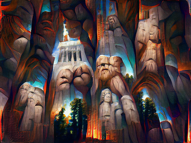 A painting of stone columns, redwood treetops, and humanoid stone pillars