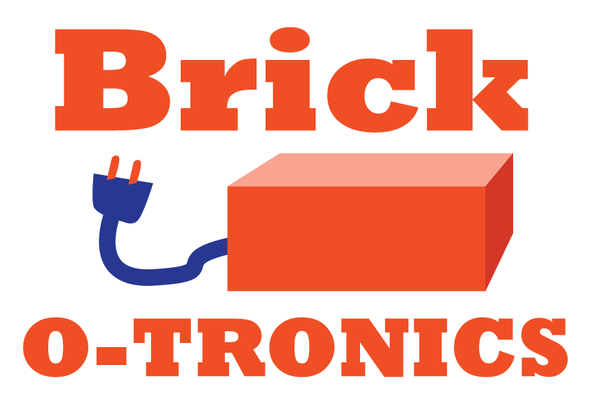 Brick-o-tronics logo: an orange brick with a blue power cord exiting from one end
