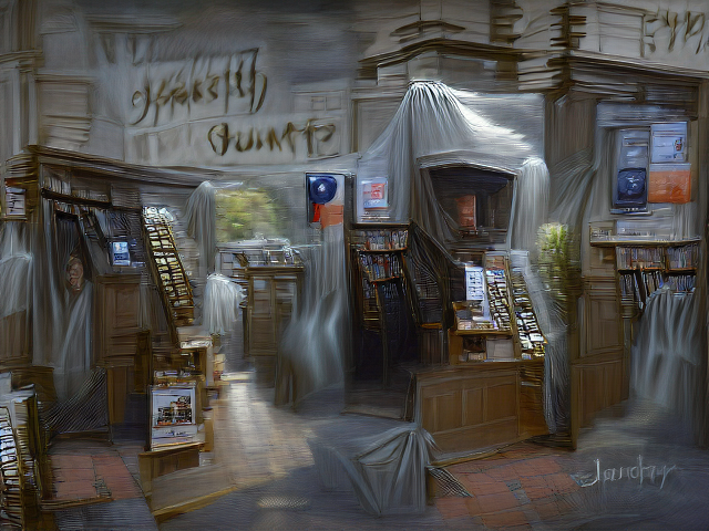 The wooden interior of some kind of bookstore or library. White sheets drape over most surfaces.