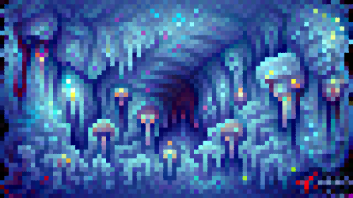 A tunnel into a glowing cave filled with mushrooms, in pixel art style.