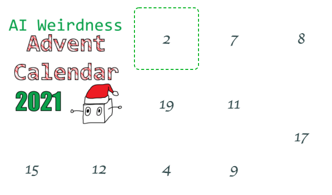 A screenshot of the AI Weirdness 2021 Advent Calendar, with one of the doors highlighted