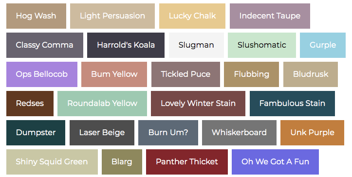 Paint swatches including Hog Wash, Light Persuasion, Lucky Chalk, Indecent Taupe, Classy Comma, Harrold's Koala, and Blarg