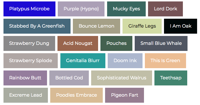 List of paint color swatches including Platypus Microbe, Giraffe Legs, I am Oak, and Pigeon Far