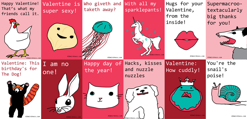 AI-generated valentine cards including "Valentine is super sexy!" (Image of a chickpea)