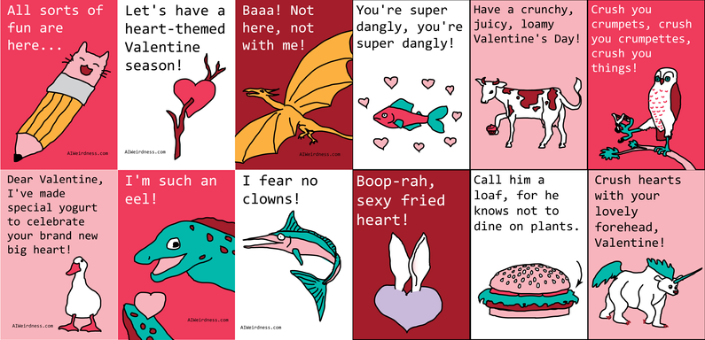 AI-generated valentine cards including: Boop-rah, sexy fried heart! (Image of a heart with rabbit ears)