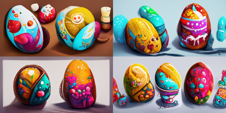 distorted egg-like colorful shapes with blobs and patches of vaguely floral colors on them.